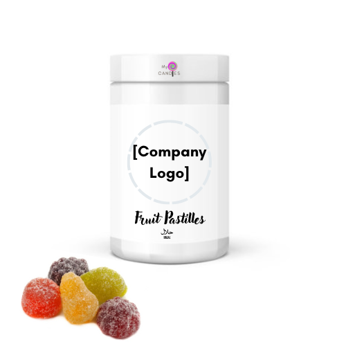 Gummy Gift - Customizable Clear Plastic Tub filled with 150g Fruit Pastilles (Min Order of 150)