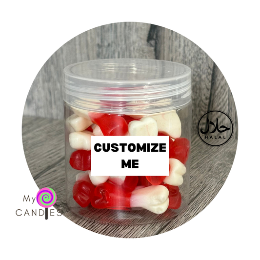 Gummy Gift - Customizable Clear Plastic Tub filled with 130g Red Bones (Min Order of 150)