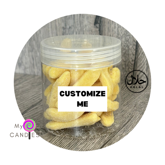 Gummy Gift - Customizable Clear Plastic Tub filled with 130g Banana Slices (Min Order of 150)