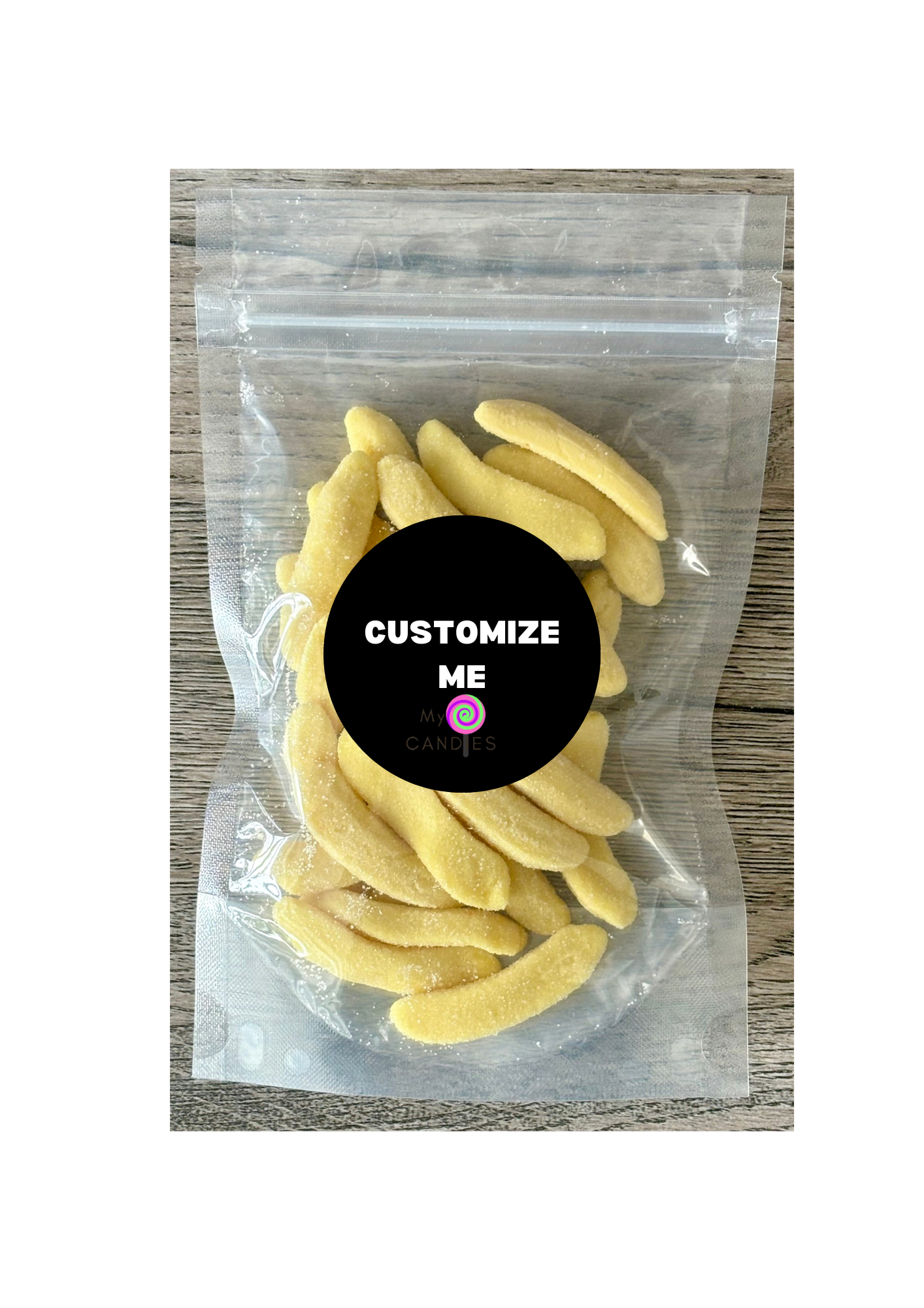 Gummy Gift - Pouch filled with 100g Banana Slices (Min Order of 150)