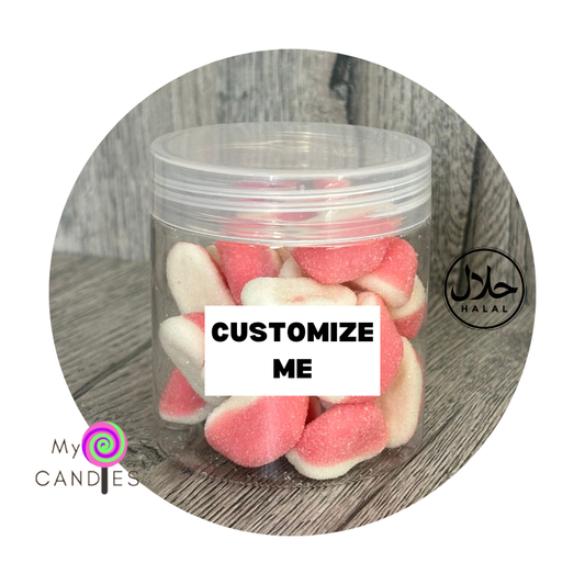 Gummy Gift - Customizable Clear Plastic Tub filled with 100g Strawberry Puffs (Min Order of 150)