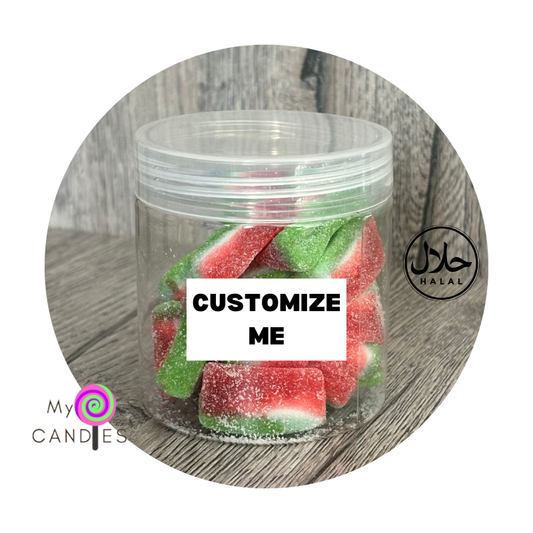 Gummy Gift - Customizable Clear Plastic Tub filled with 130g Watermelon Slices (Min Order of 150)