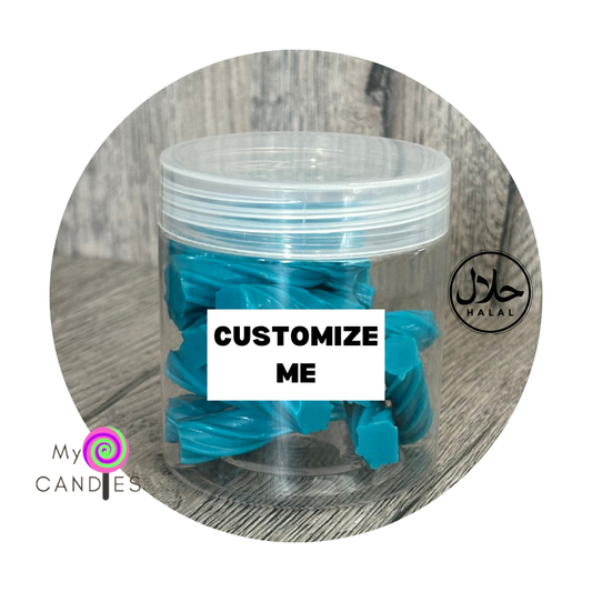 Gummy Gift - Customizable Clear Plastic Tub filled with 100g Jelly Blue Raspberry Strips (Min Order of 150)