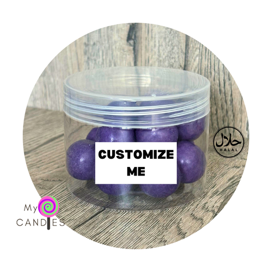 Candy Gift - Customizable Clear Plastic Tub filled with Purple Gum Balls (Min Order of 150)