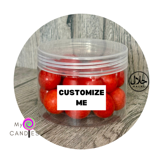 Candy Gift - Customizable Clear Plastic Tub filled with Red Fire Balls (Min Order of 150)