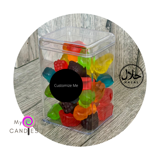 Gummy Gift - Customizable Acrylic Cube filled with 190g Soft Fruit Gums (Min Order of 150)