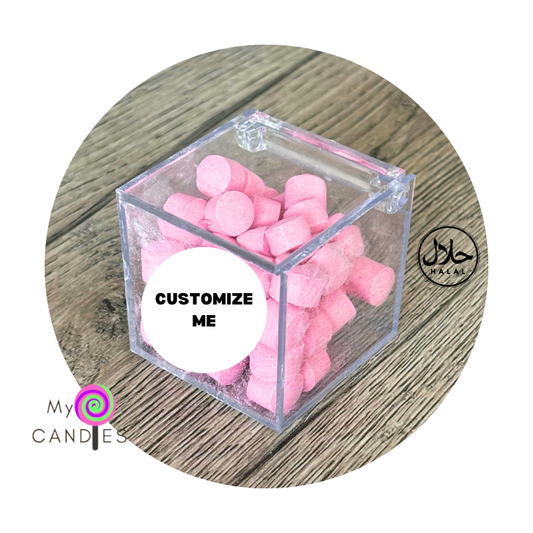 Candy Gift - Customizable Clear Acrylic Box filled with Musk Cachous Candy (Min Order of 150)