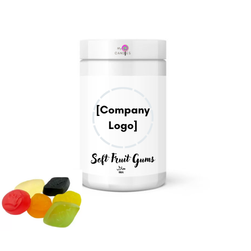 Gummy Gift - Customizable Clear Plastic Tub filled with 150g Soft Fruit Gums (Min Order of 150)