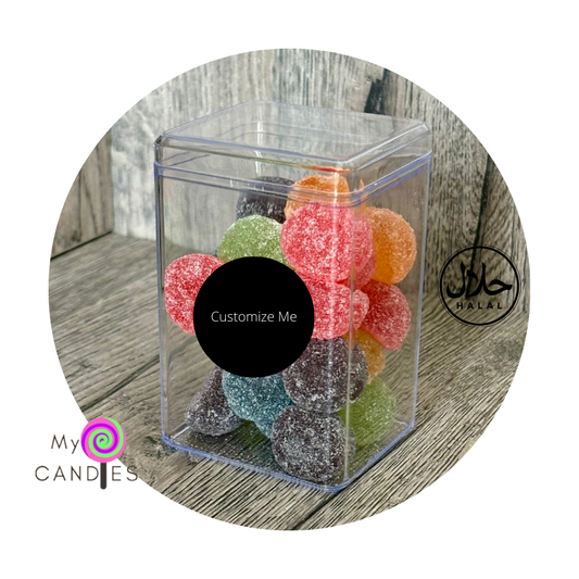 Gummy Gift - Customizable Acrylic Cube filled with 190g Fruit Jubes (Min Order of 150)