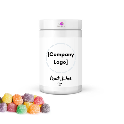 Gummy Gift - Customizable Clear Plastic Tub filled with 150g Fruit Jubes (Min Order of 150)