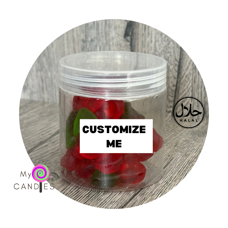 Gummy Gift - Customizable Clear Plastic Tub filled with 130g Cherries (Min Order of 150)